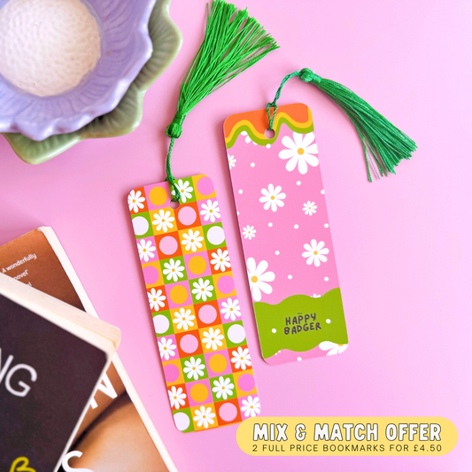 Retro Daisy Bookmark - Checkerboard Pattern Bookmark with Co-Ordinating Tassel