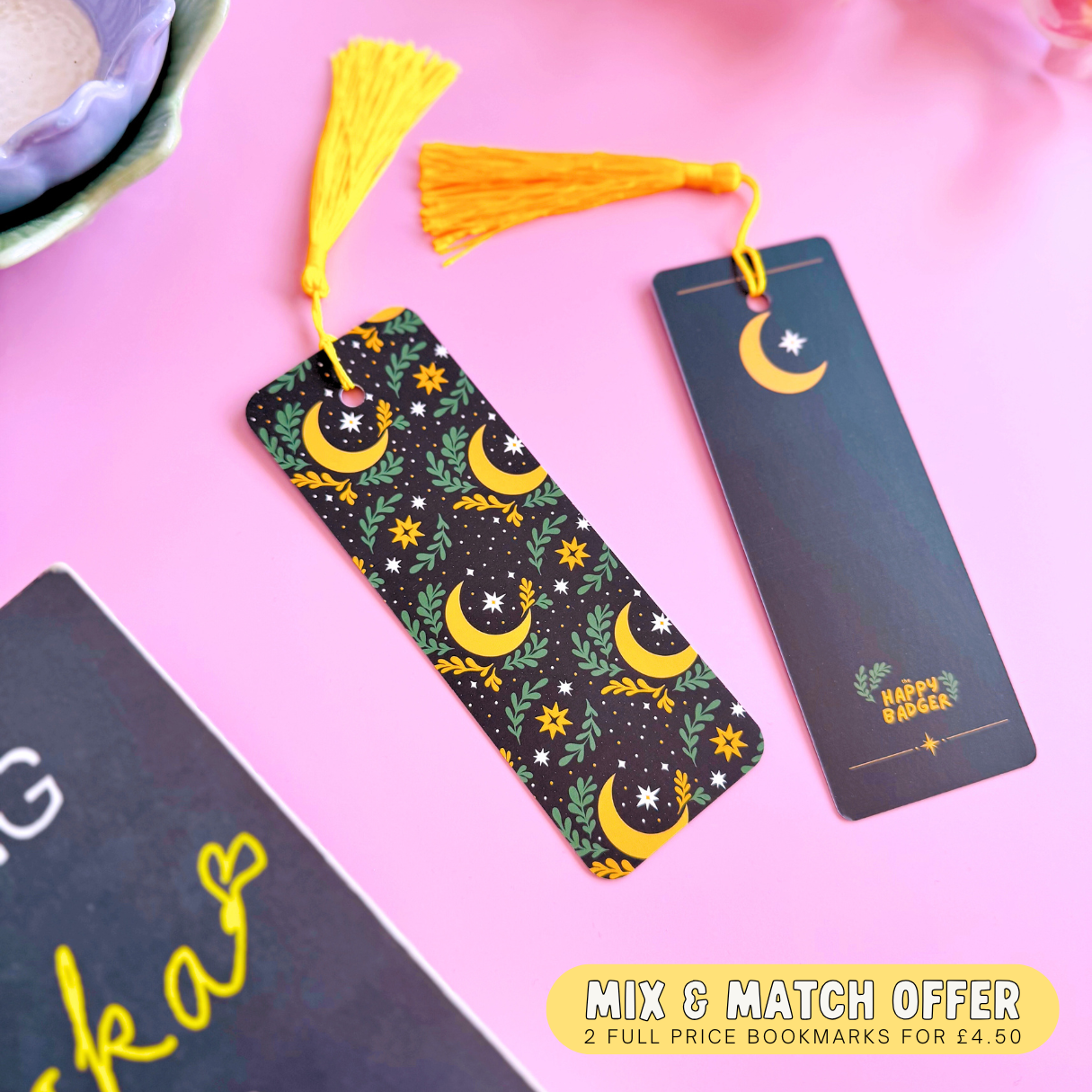 Moons and Stars Bookmark - Celestial Pattern Bookmark with Co-Ordinating Tassel
