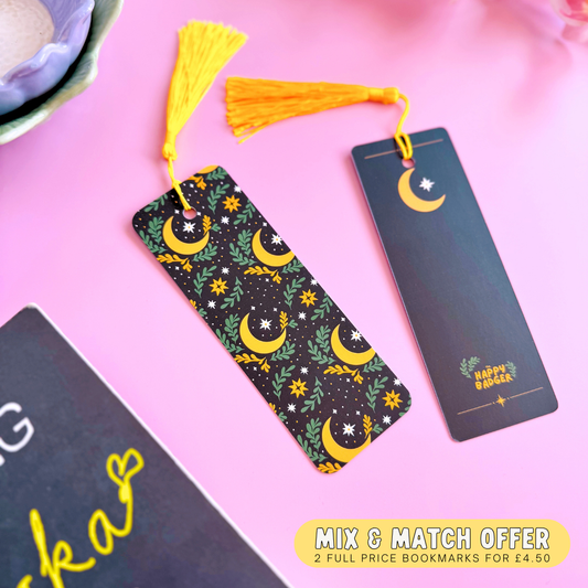 Moons and Stars Bookmark - Celestial Pattern Bookmark with Co-Ordinating Tassel
