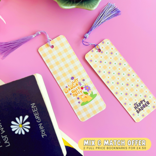 I Just Wanna Dilly Dally Bookmark - Yellow Gingham Pattern Bookmark with Co-Ordinating Tassel