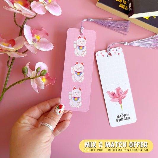 Maneki Neko, Lucky Cat Bookmark - Pink Japanese Inspired Bookmark with Co-Ordinating Tassel