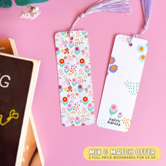 Bright Flower Pattern Bookmark - Colourful Floral Bookmark with Co-Ordinating Tassel