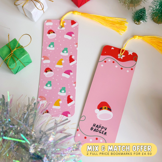 Christmas Hats Bookmark - Pink Patterned Festive Bookmark with Co-Ordinating Tassel