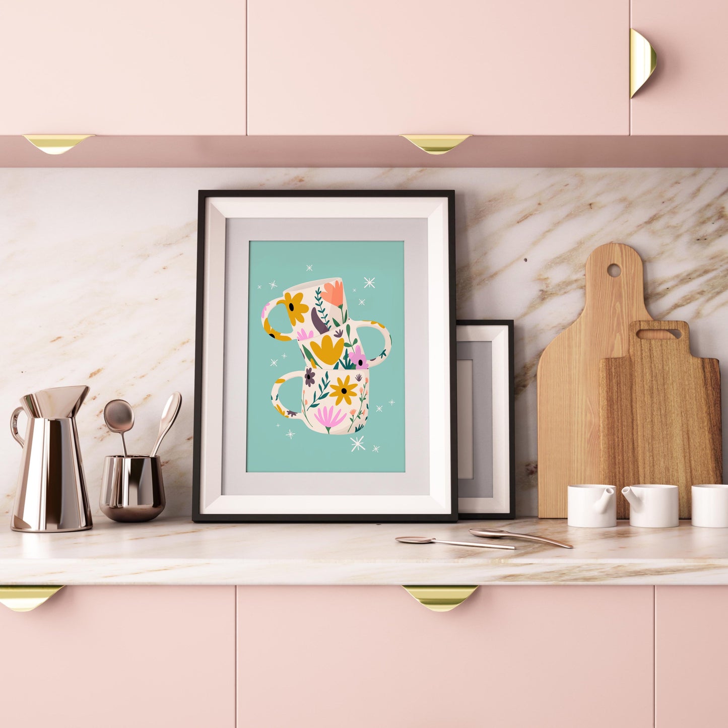 Stacked Floral Mugs Print in Teal