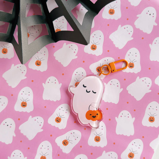Gizmo The Ghost Keyring - Acrylic Double Sided Keyring with Orange Clasp