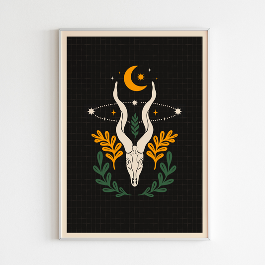 Limited edition animal skull print on black background with stars, surrounded by a textured white border.