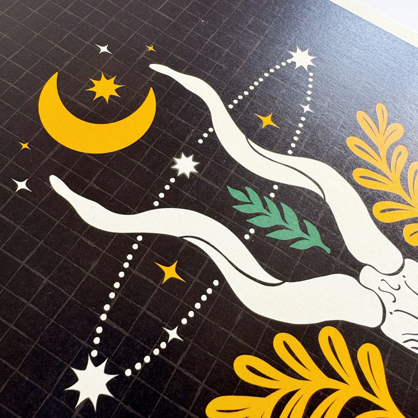Decorative print with a skull and a celestial design on a black background