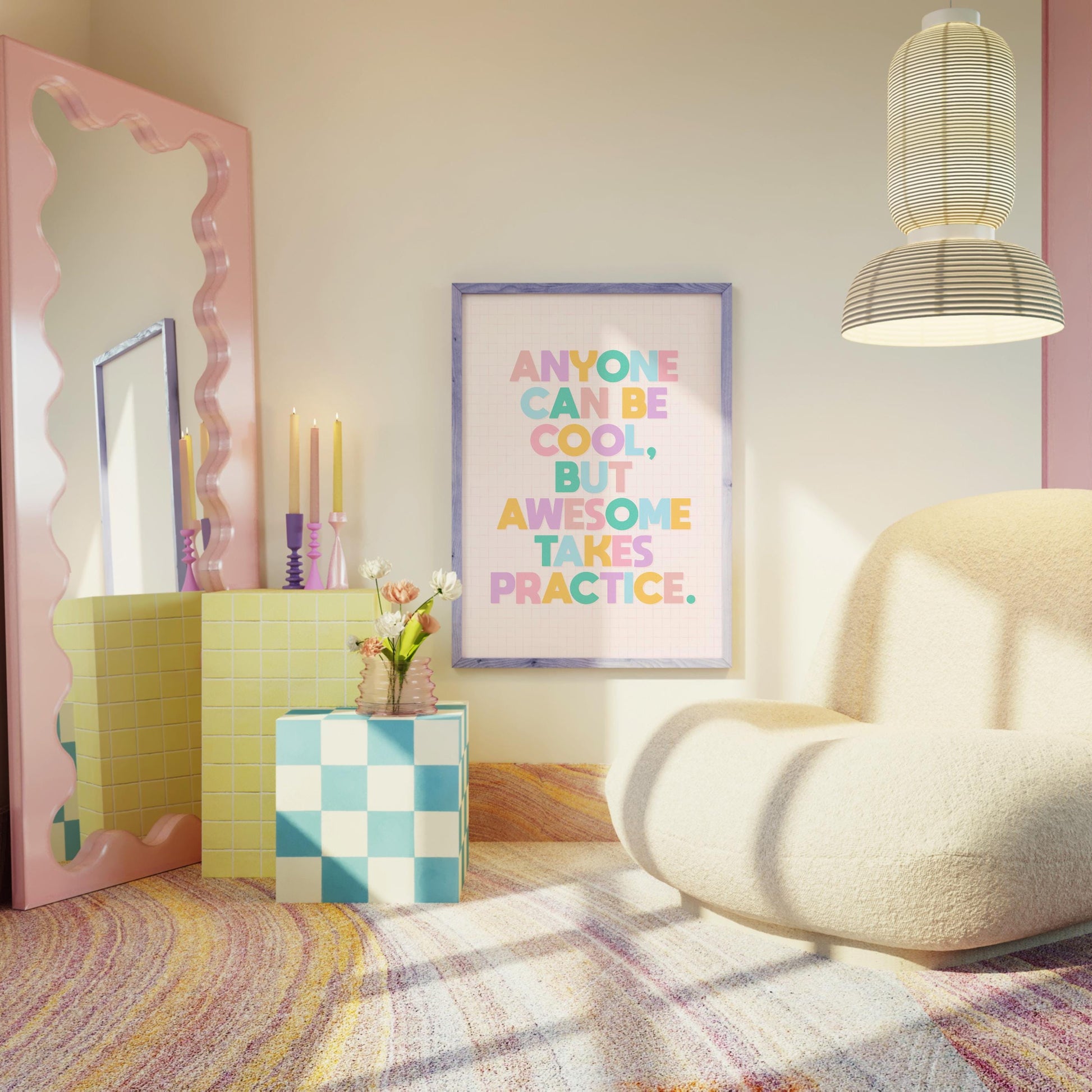 A typography print with a funny motivational quote on, in vibrant colours, shown in a frame.