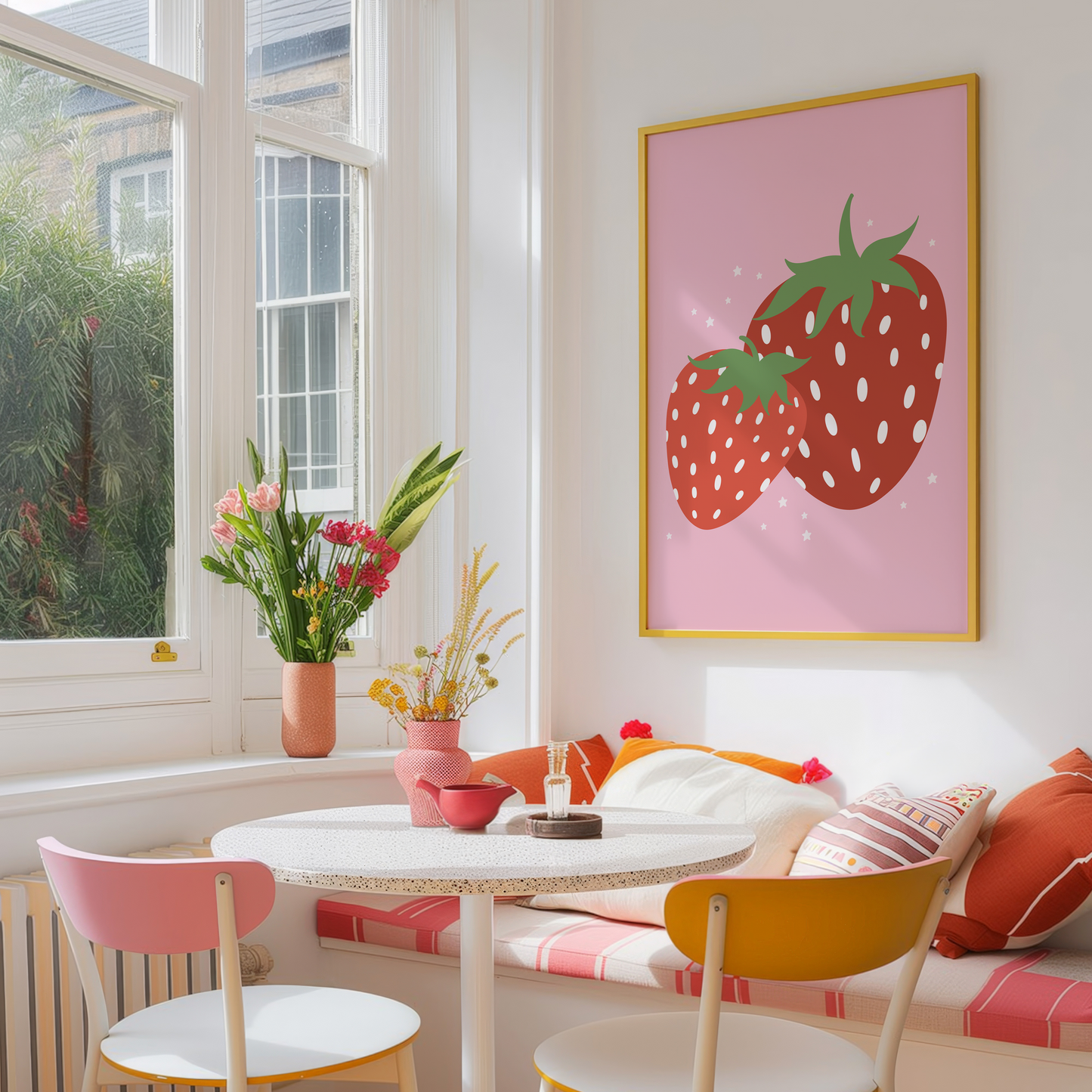 Dining area with round table, colorful chairs, and strawberry artwork on the wall.