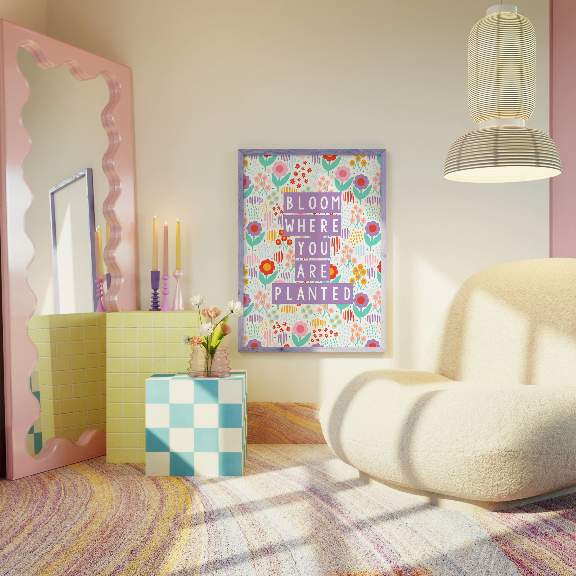 A floral colourful illustration with a quote, showing in a frame in a pastel bedroom.