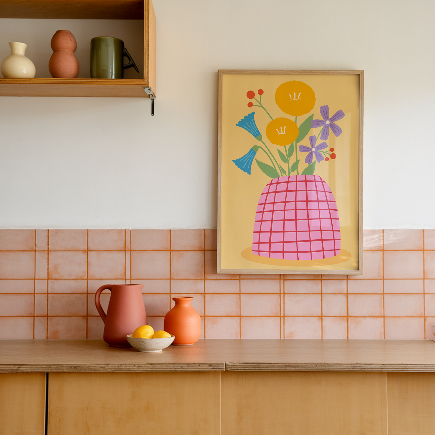 An art print featuring a colourful illustration of flowers in a pink and yellow vase against a yellow background, resembling a spring flowers theme.