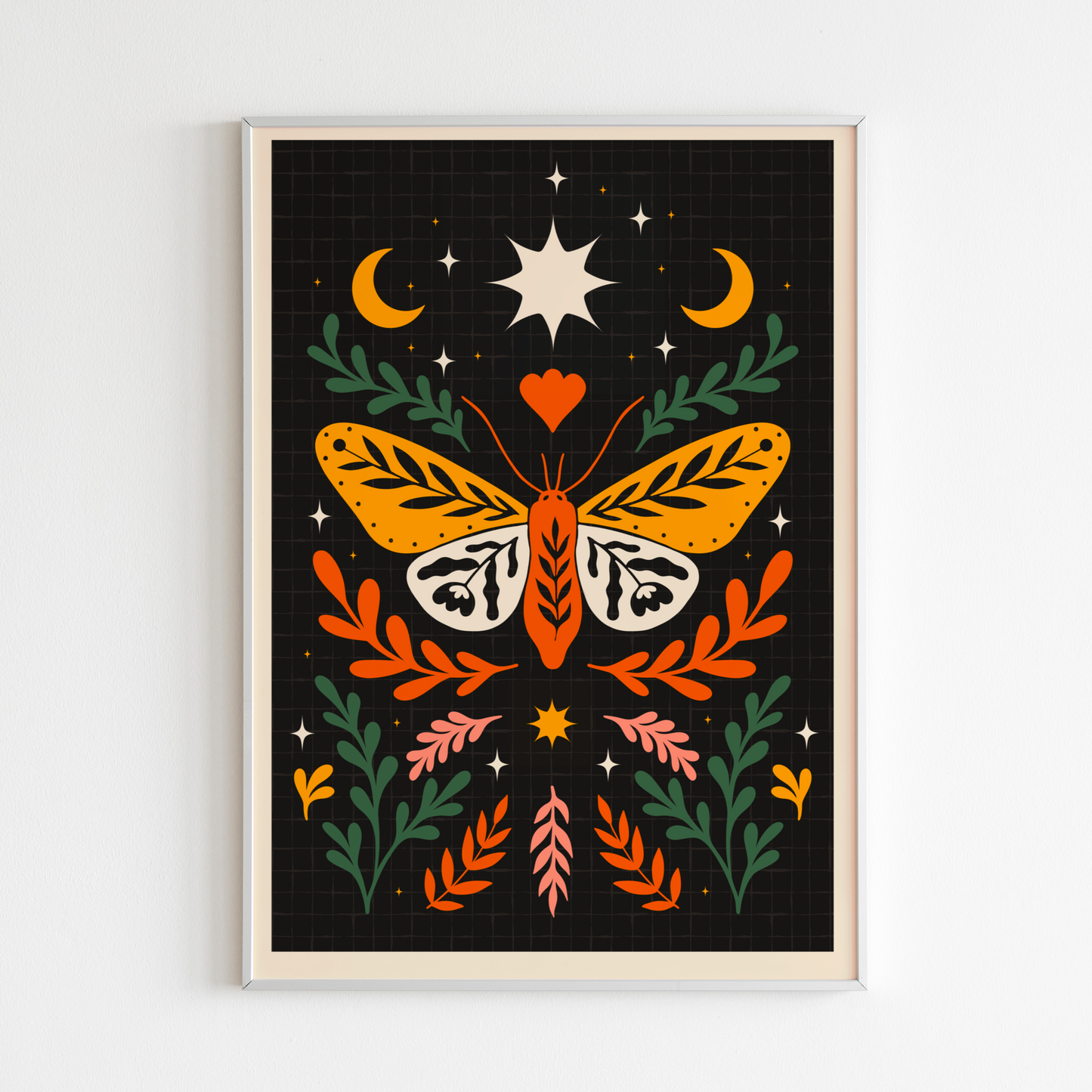 Framed artwork with a colorful butterfly design on a black background