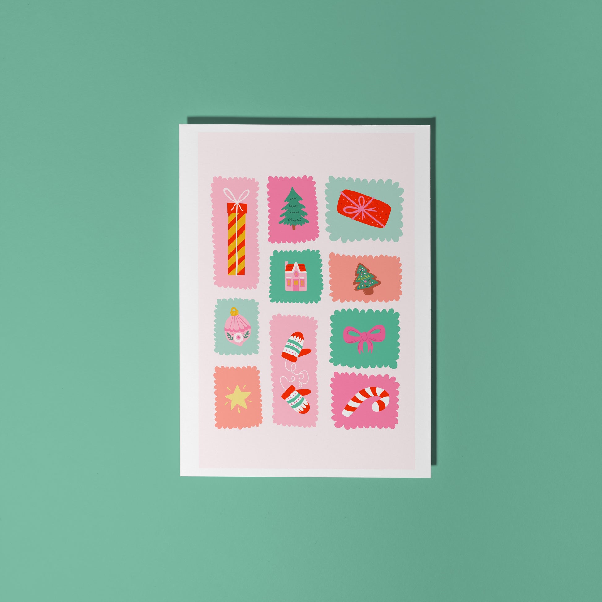 Card with Christmas-themed stamps on a green background