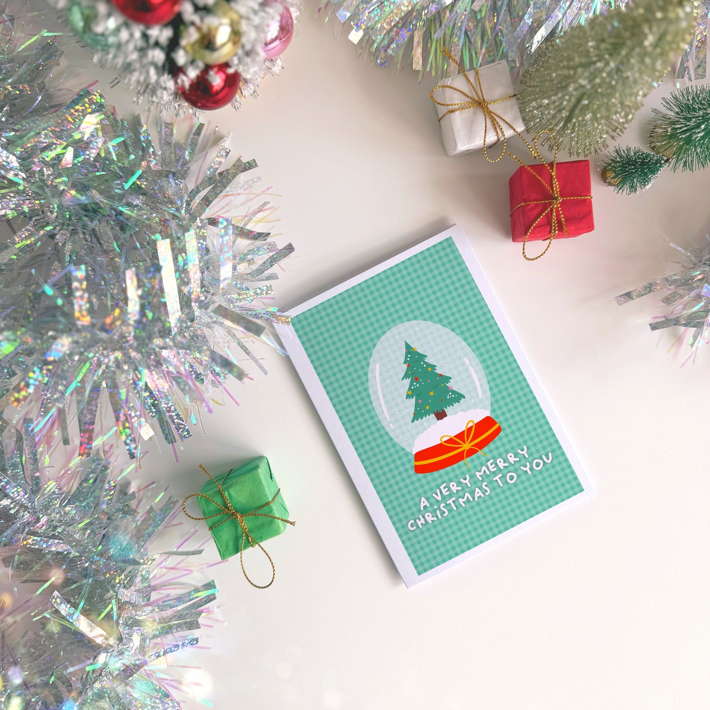 Pastel Christmas Tree Snow Globe Card - A6 Greeting Card with Envelope