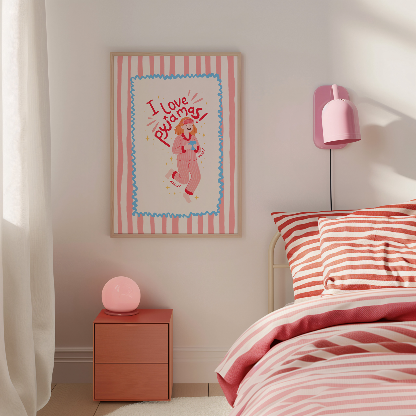 Bedroom with pink and white striped bedding, nightstand, and wall art.