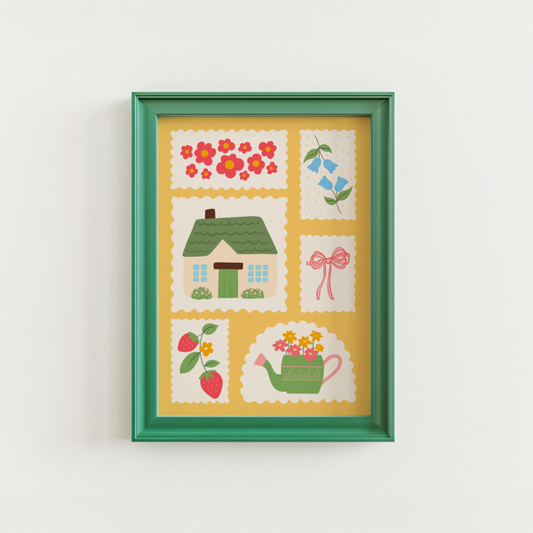 A cute yellow print with lots of floral and cottagecore vibe style illustrations deigned as postage stamps.