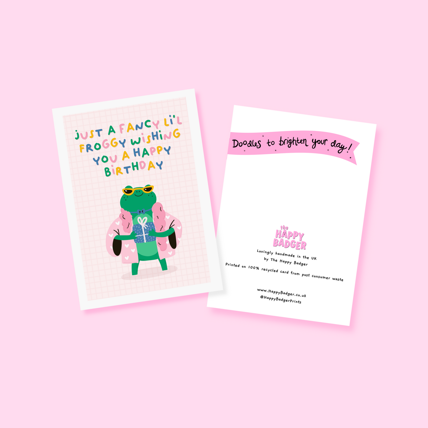 A cute birthday card with an illustration of a fancy looking frog holding a birthday present and the text reads 'just a fancy little froggy wishing you a happy birthday'