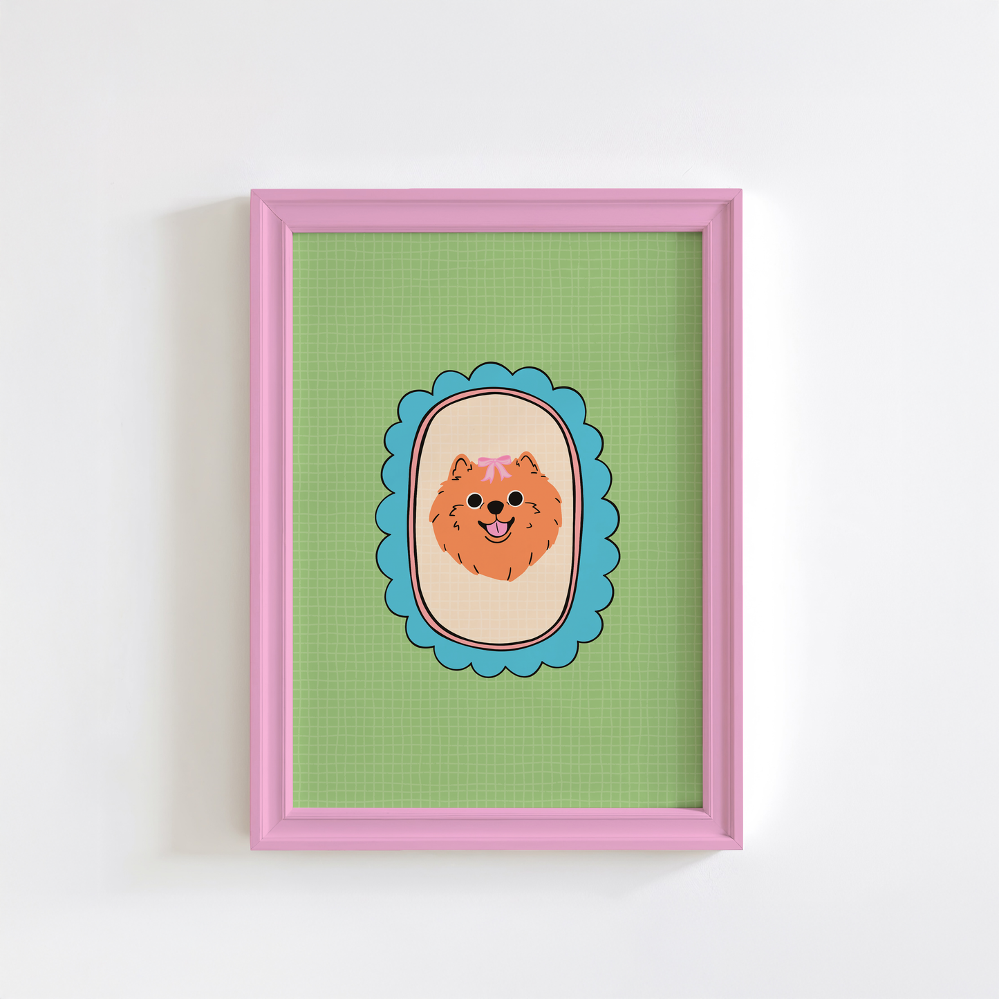 A print of an adorable orange fluffy Pomeranian with a pink pow, illustrated within a teal scallop frame on a green soft check background.