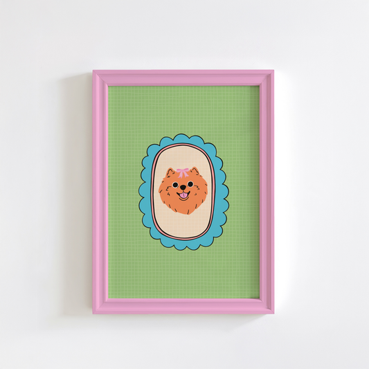 A print of an adorable orange fluffy Pomeranian with a pink pow, illustrated within a teal scallop frame on a green soft check background.
