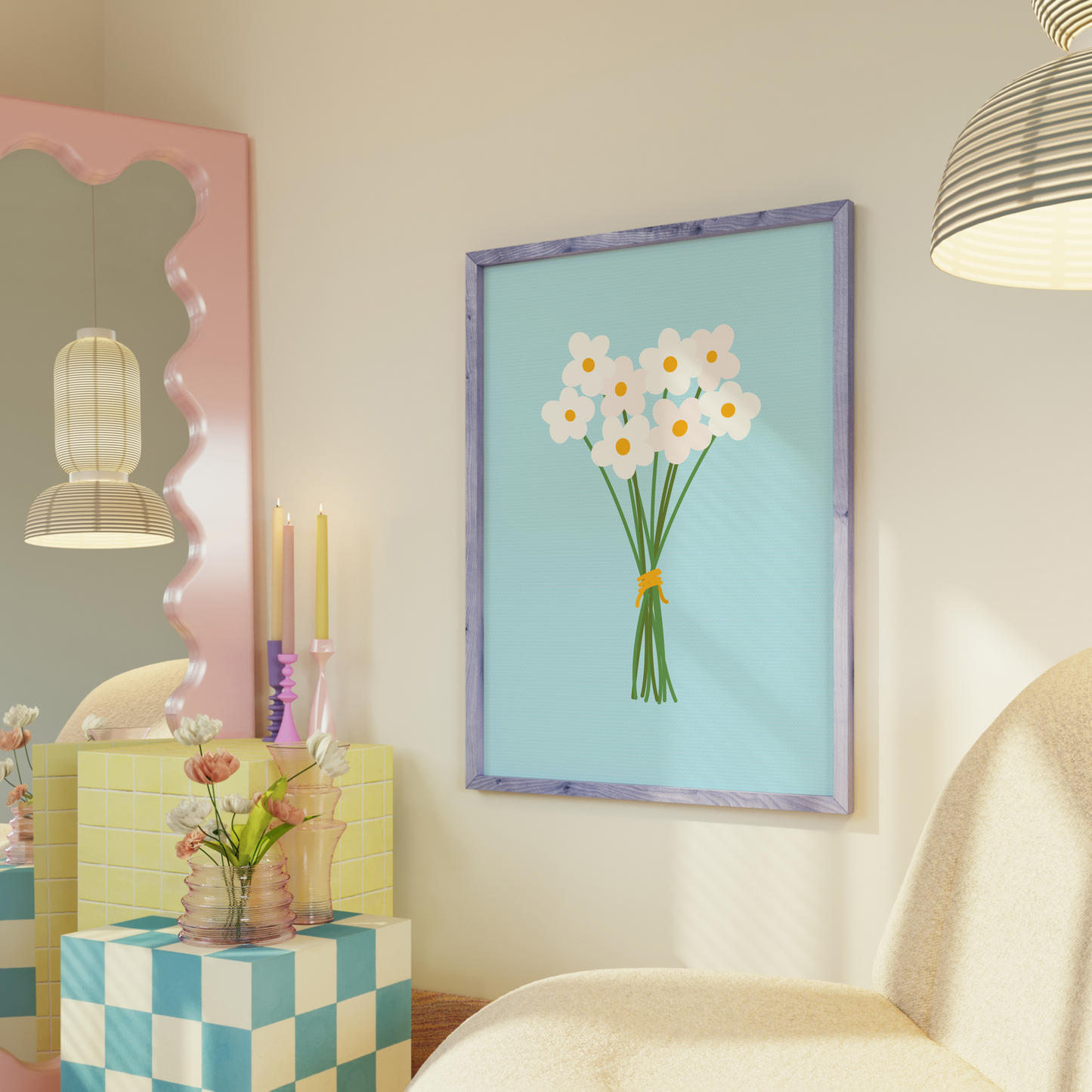 An illustration of a bunch of white daisies, on a blue background.