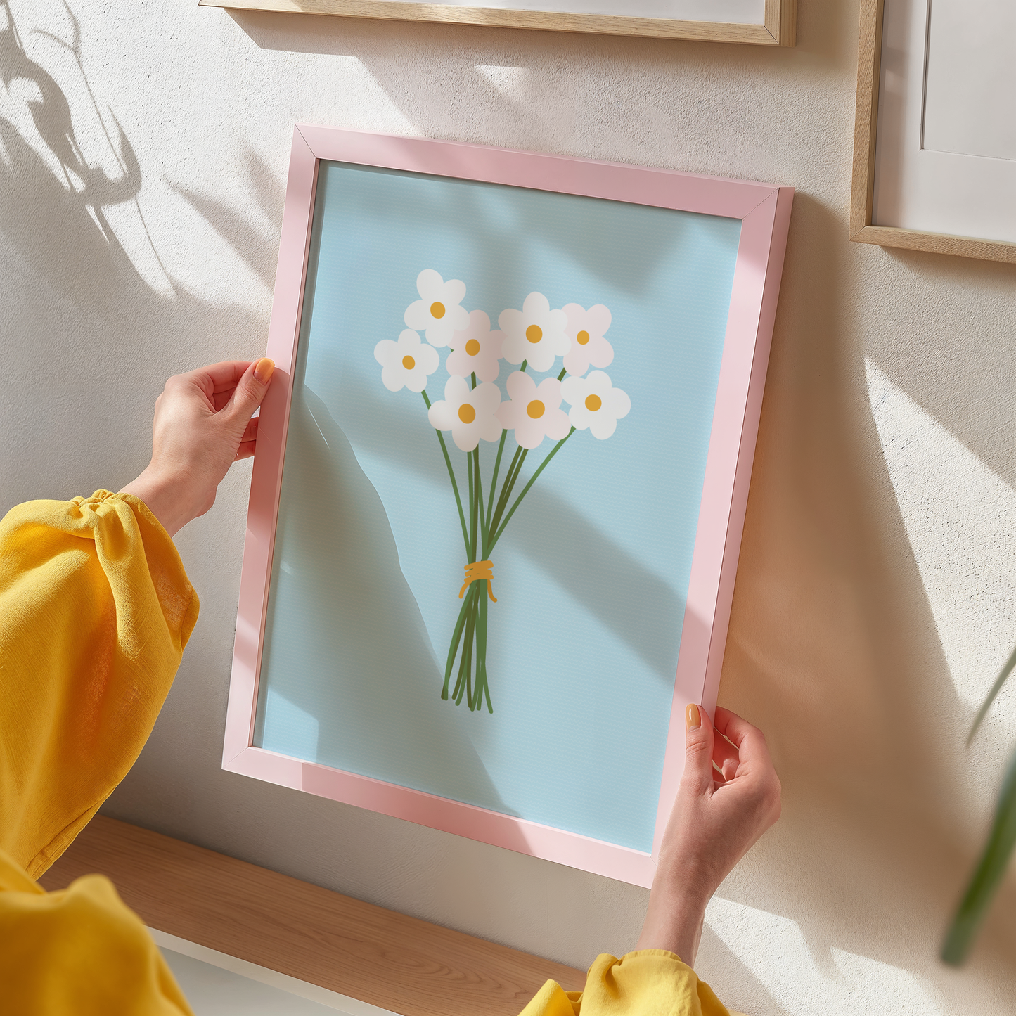 An illustration of a bunch of white daisies, on a blue background.