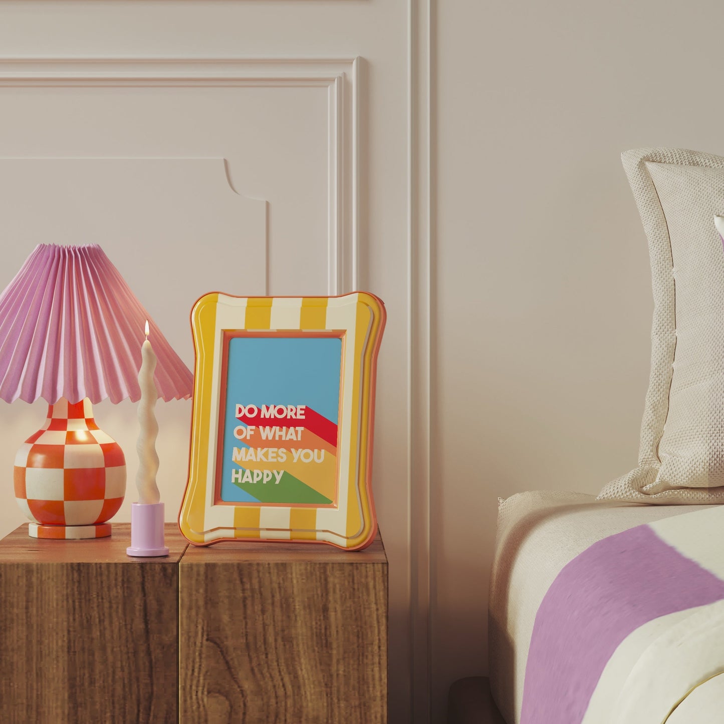 A colourful print, featuring a blue background and white text saying 'do more of what makes you happy' with bold stripes of red, orange, yellow and green behind the text.