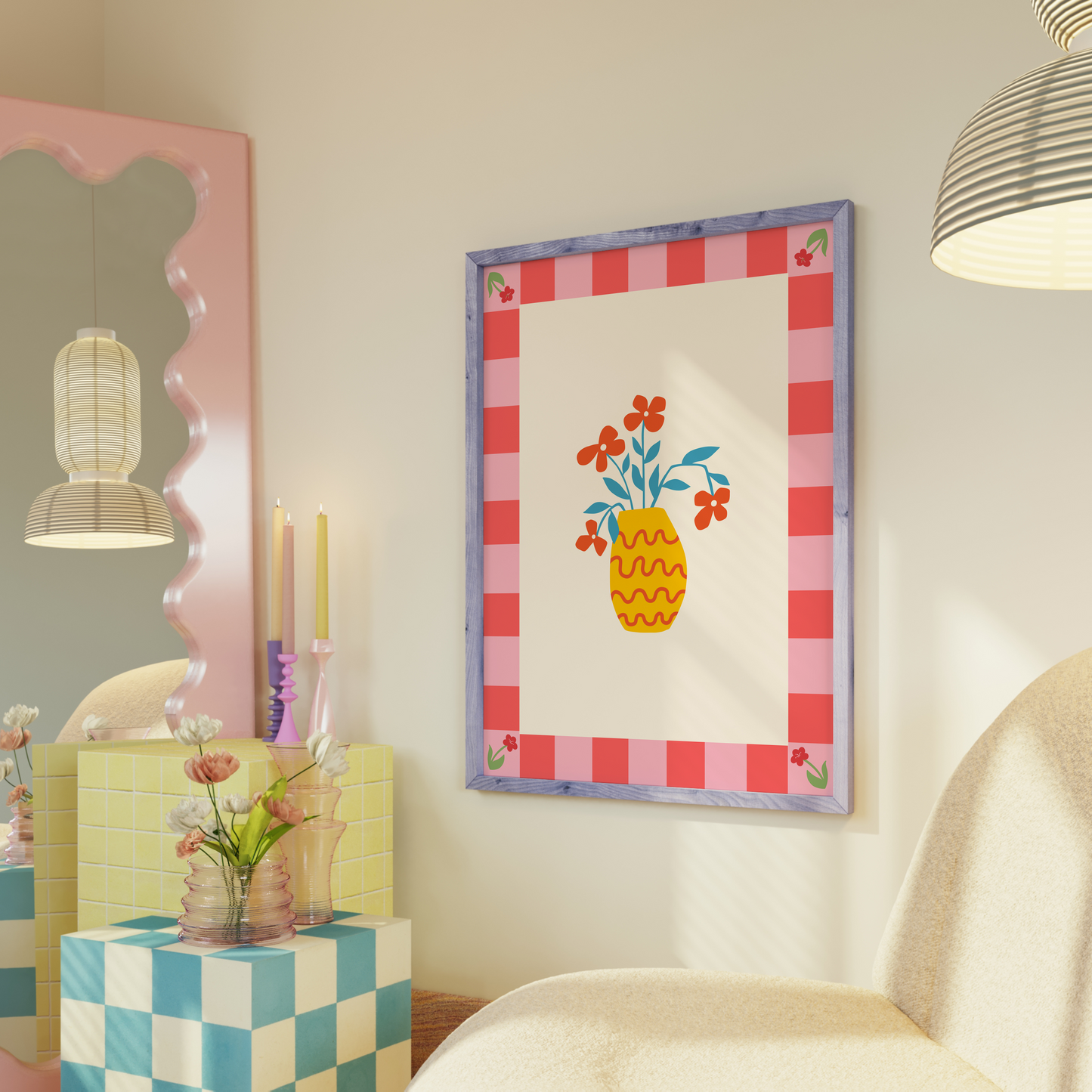 A colourful bright print, with a pink tonal checkerboard border, and an illustration of a simple modern yellow vase in the centre with red flowers.
