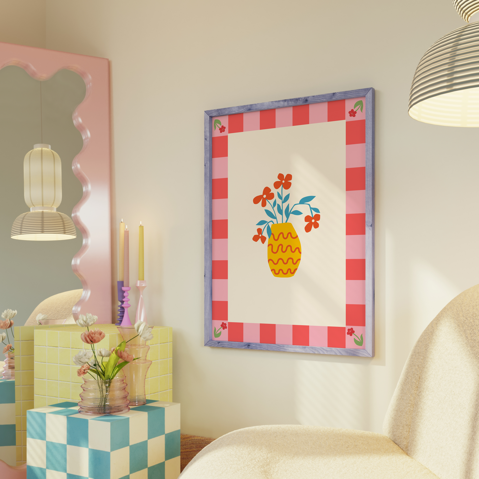 A colourful bright print, with a pink tonal checkerboard border, and an illustration of a simple modern yellow vase in the centre with red flowers.
