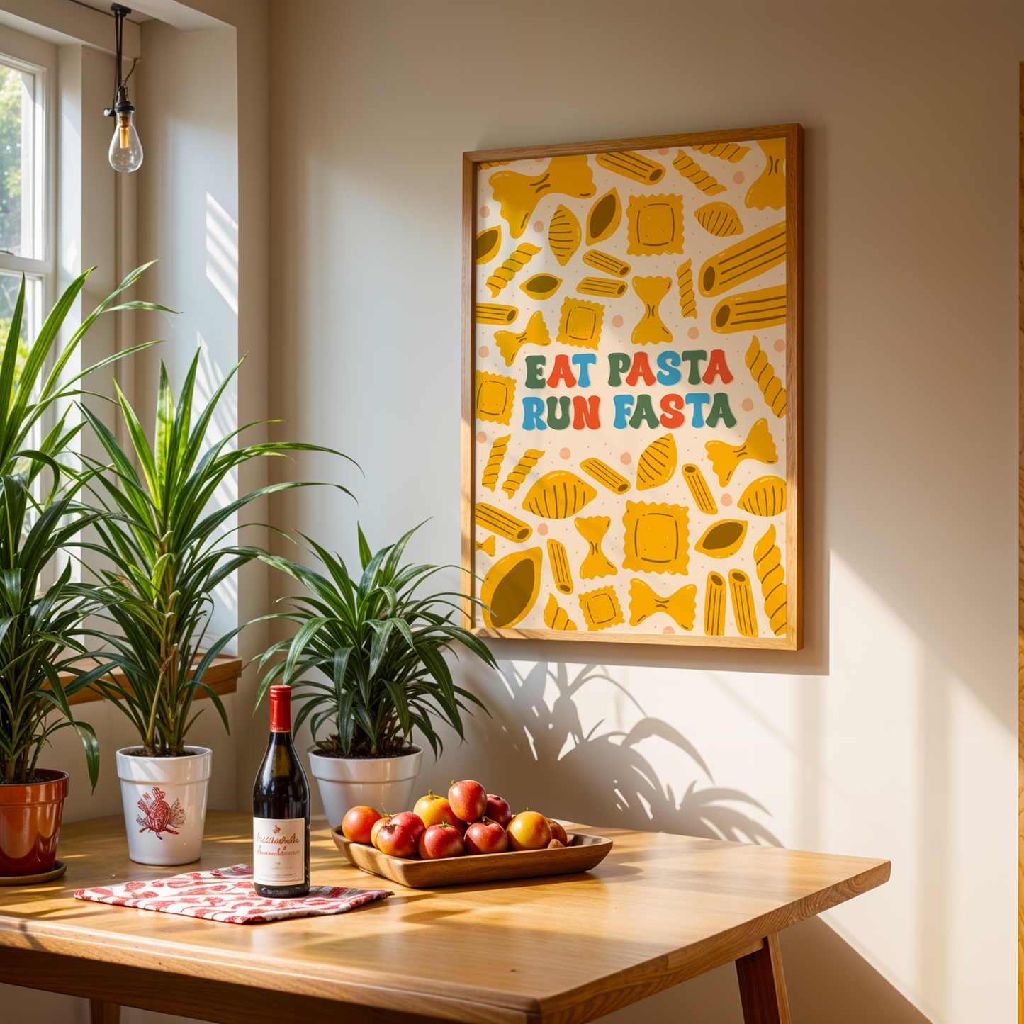 A colourful kitchen print with illustrations of different types of pasta, and a quote that reads 'eat pasta run fasta'.