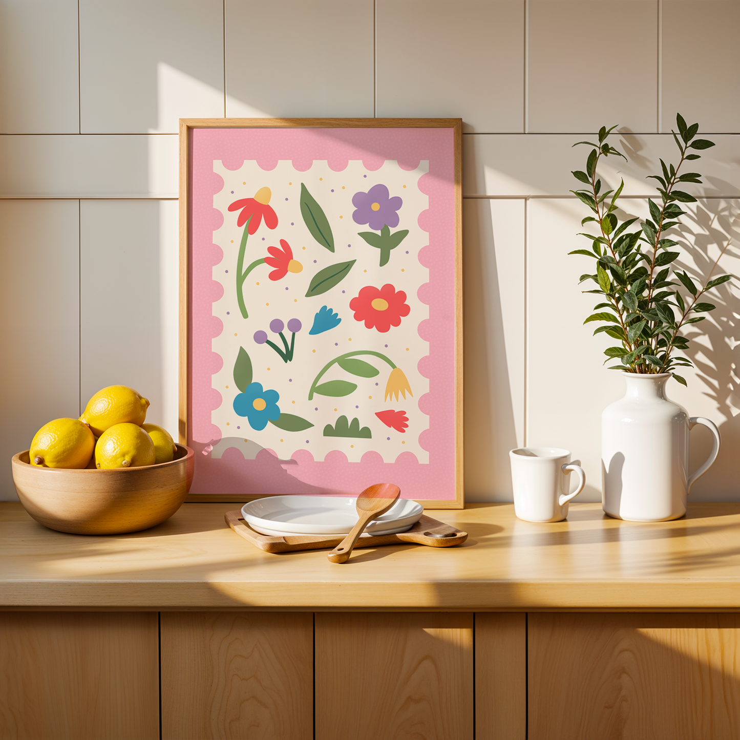 An illustrated print with brightly coloured floral elements in the centre, with a bold pink scalloped edged border.