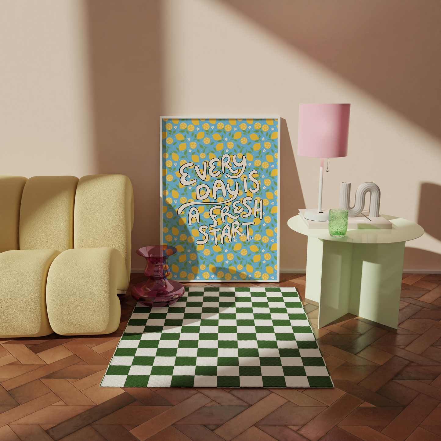 Every Day Is A Fresh Start Print - Colourful Lemon Pattern with Quote