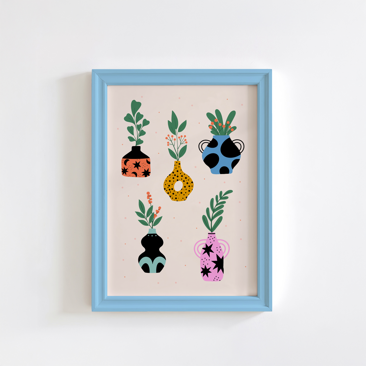 A collection of 5 vase illustrations, in colours of orange, blue, teal, pink and yellow. All the vases have patterns on and greenery in them.