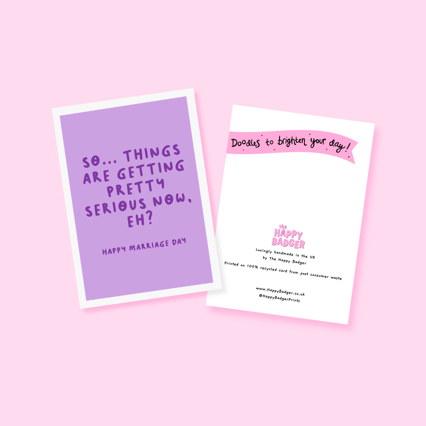 A purple card, for a wedding day celebration. It says 'so... things are getting pretty serious now, eh? happy marriage day.'