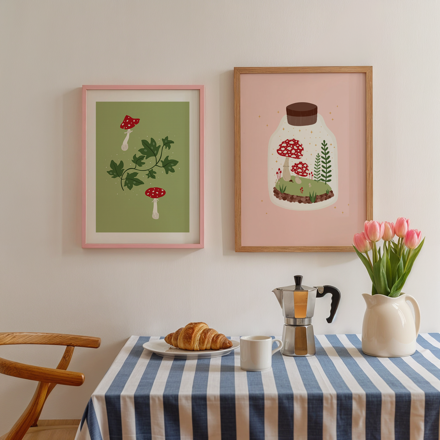 An illustration of two toadstool mushrooms and some ivy, on a green background. Shown next to an illustration of a terrarium, with toadstools and greenery in, on a pink background.