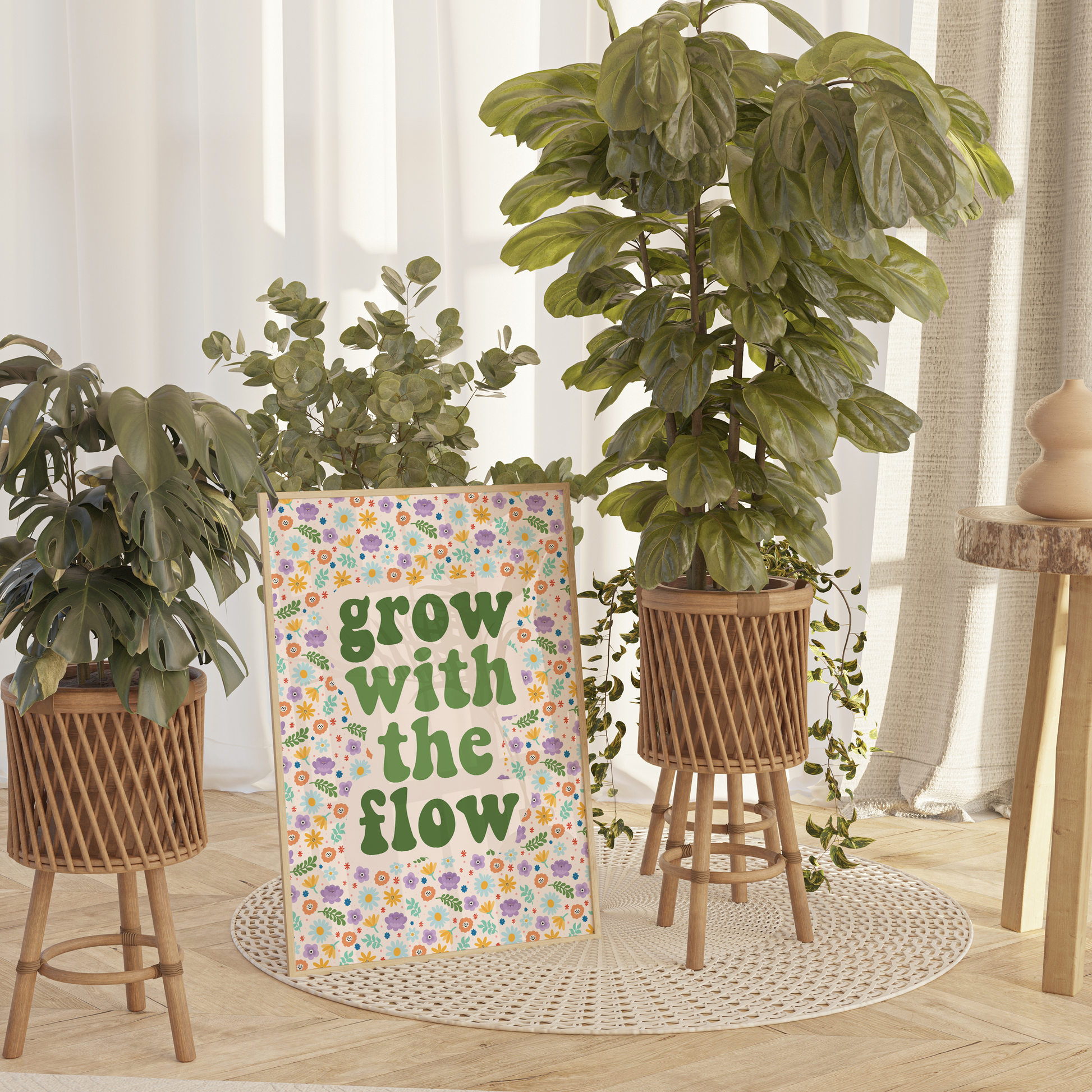 A multicoloured floral background, with the quote 'grow with the flow' in green tones.