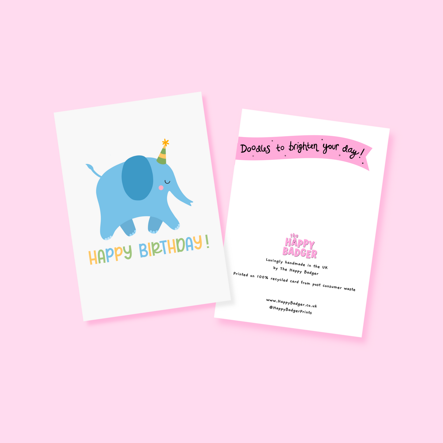 A birthday card featuring a blue illustrated elephant with a party hat, and the text 'HAPPY BIRTHDAY!' on the front.