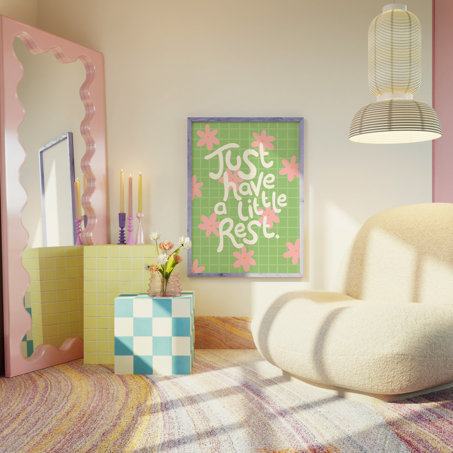 Modern room interior with a chair, mirror, and decorative elements.