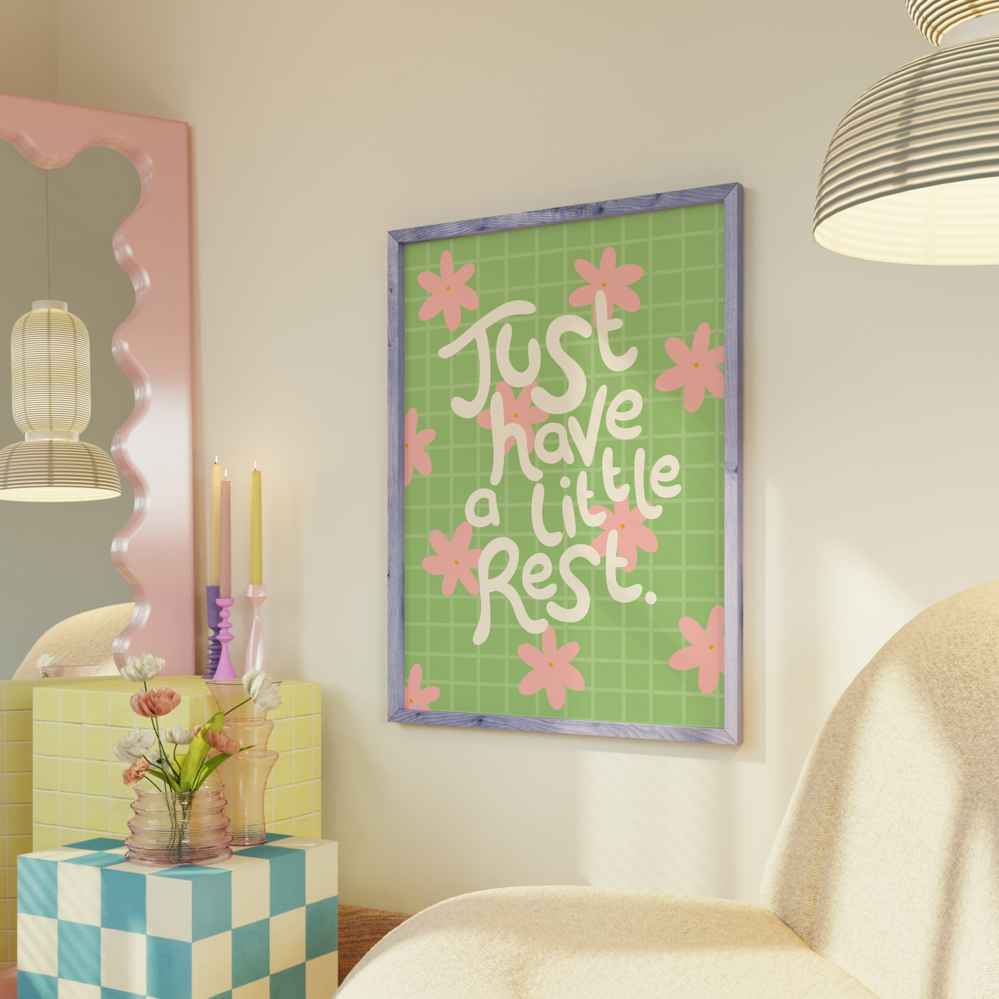 Decorative room with a green poster, checkered table, and floral arrangement.