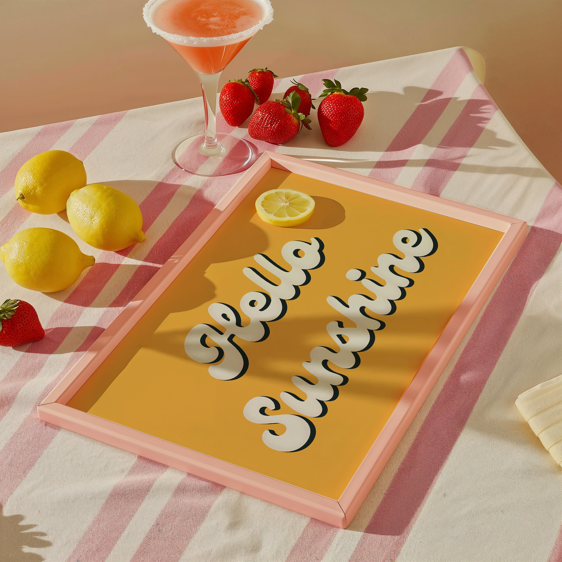 A bright yellow print with white script font saying Hello Sunshine.