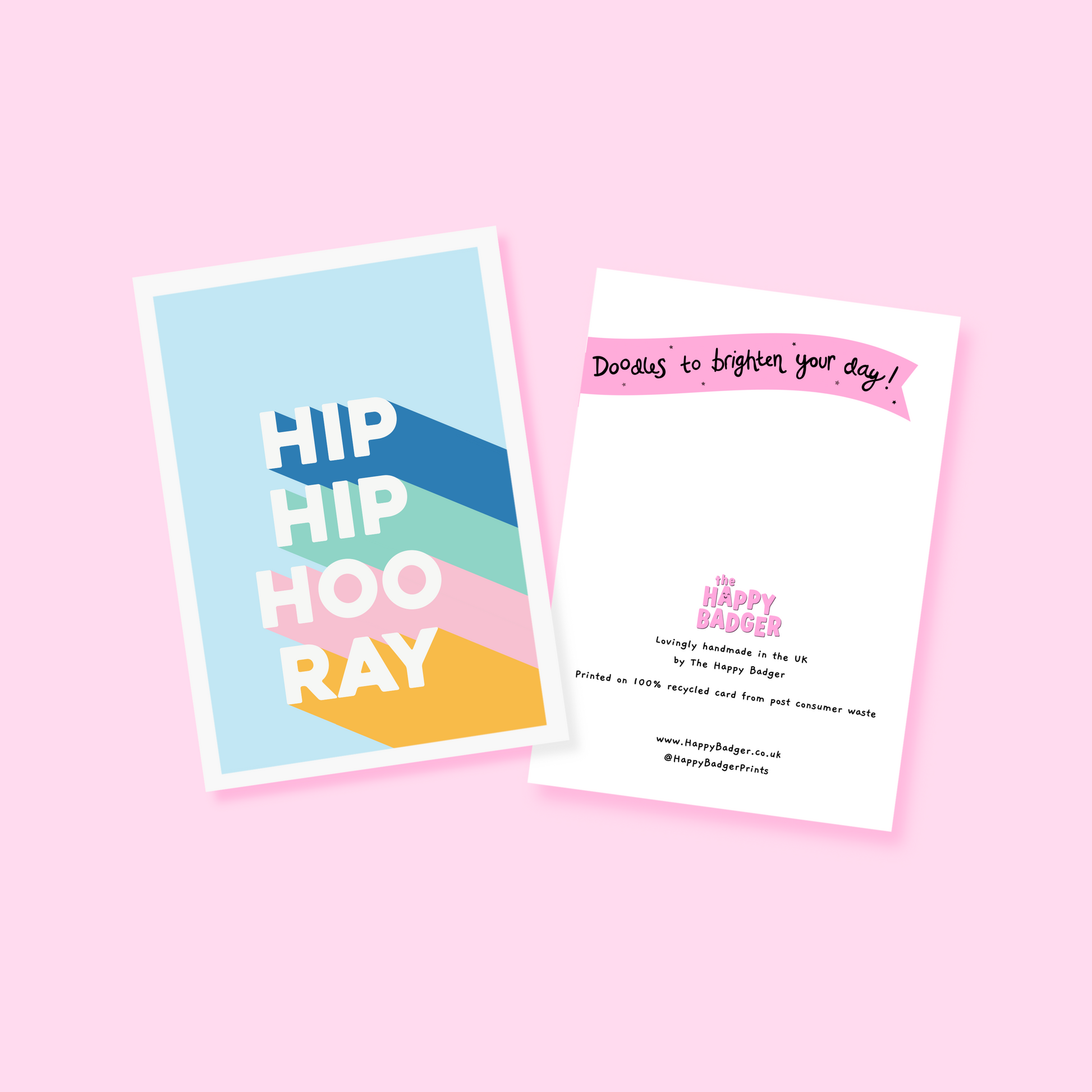 A congratulations card, saying Hip Hip Hooray in blue, green, pink and yellow.