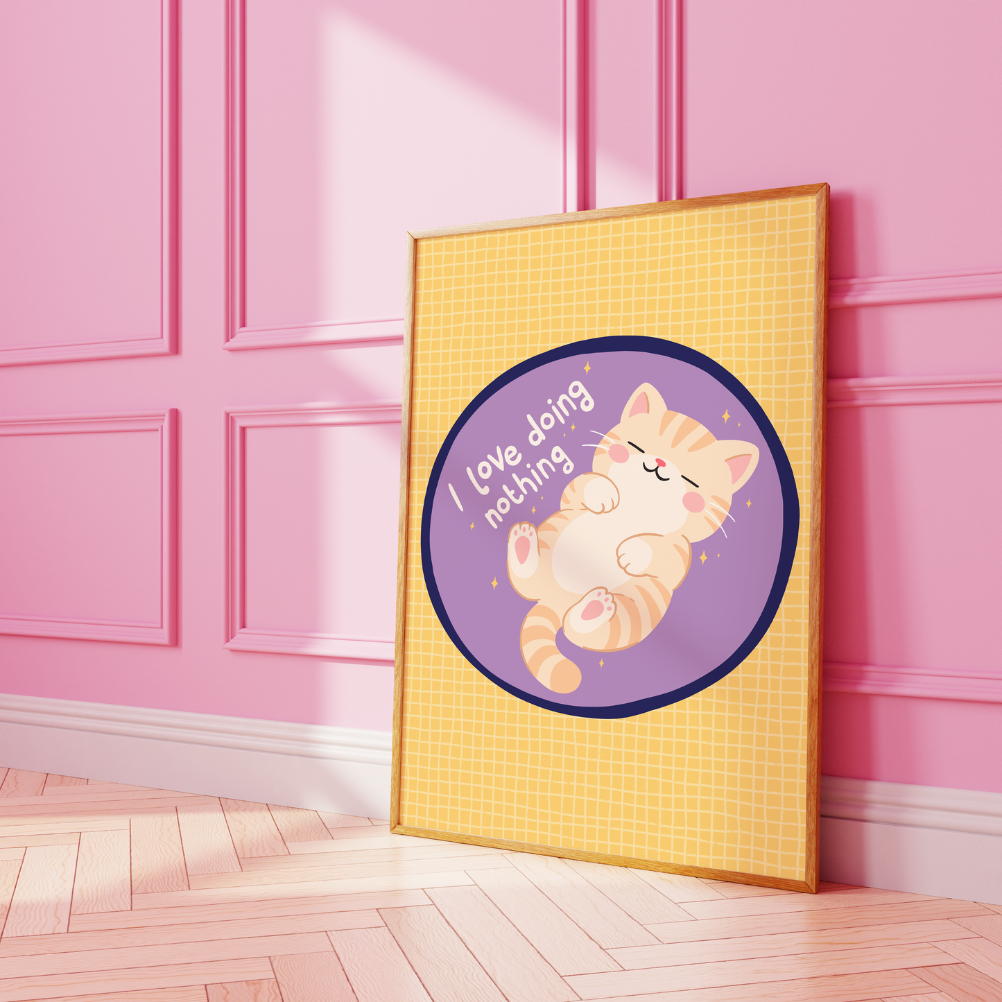 A yellow and purple print, with an illustration of a ginger cat laying on its back. Next to the cat is a quote that reads 'I love doing nothing'.