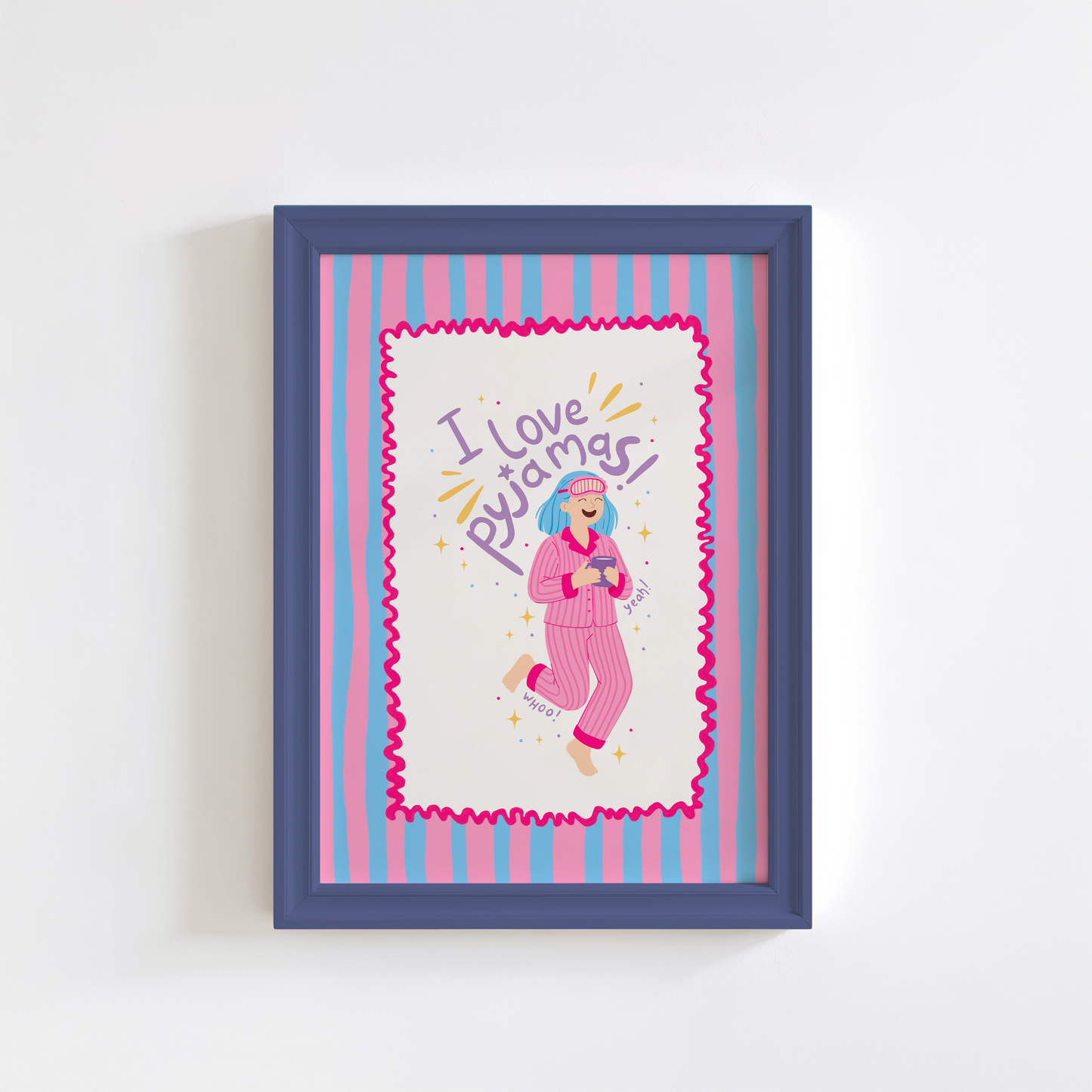 Framed artwork with a person in pajamas and 'I love Pyjamas' text on a striped background.