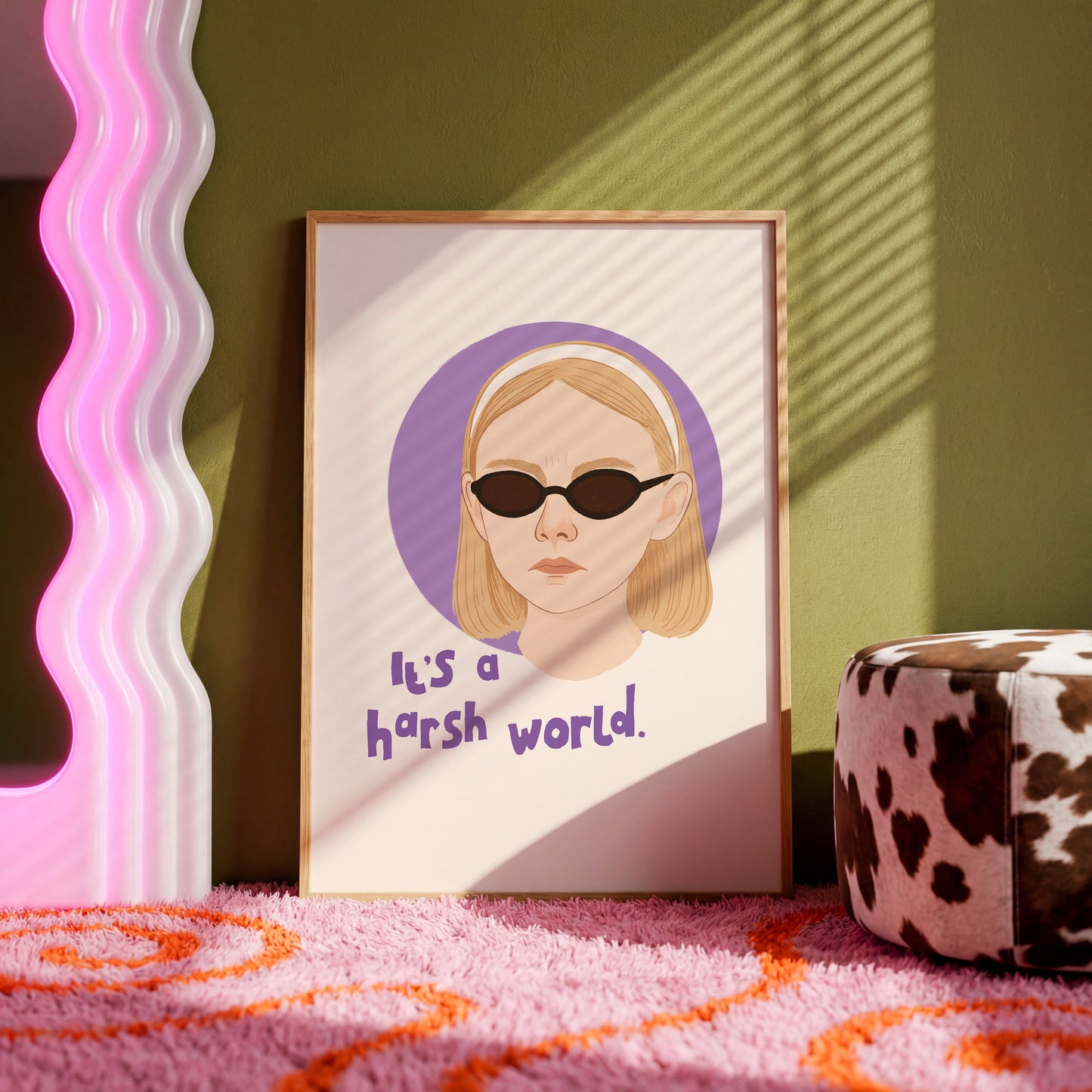 An illustrated portrait of Ray from the film 'Uptown Girls' with her quote that reads 'it's a harsh world.'.