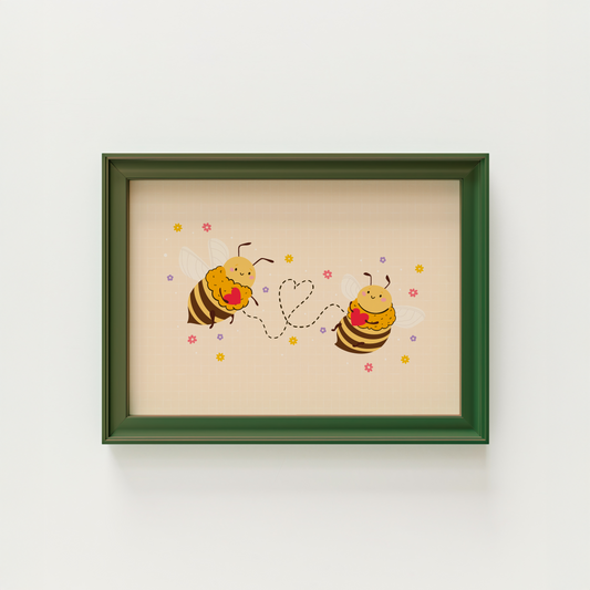 An illustrated print of two bumblebees holding red love hearts, with a dotted heart connecting the two. The bees are smiling with little pink rosy cheeks.