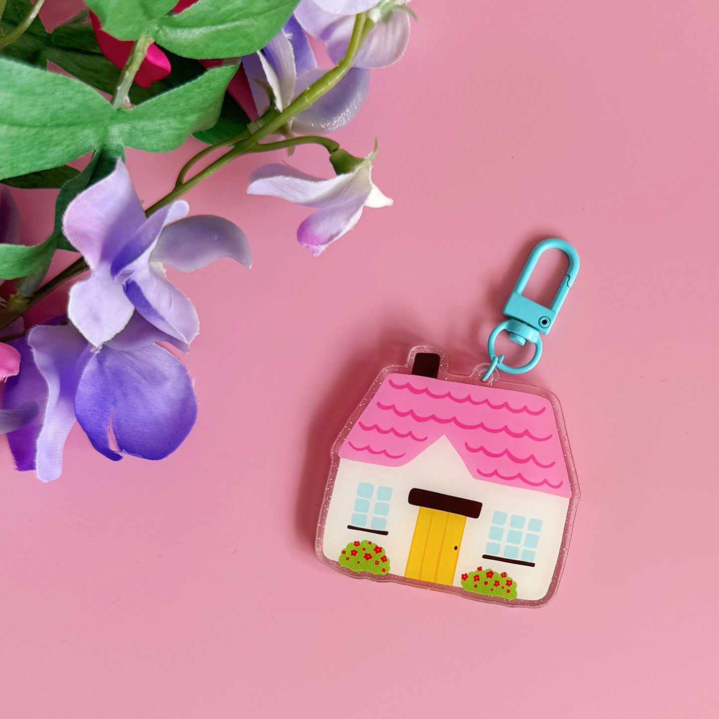 Cute Cottage Keyring - Acrylic Double Sided Keyring with Blue Clasp