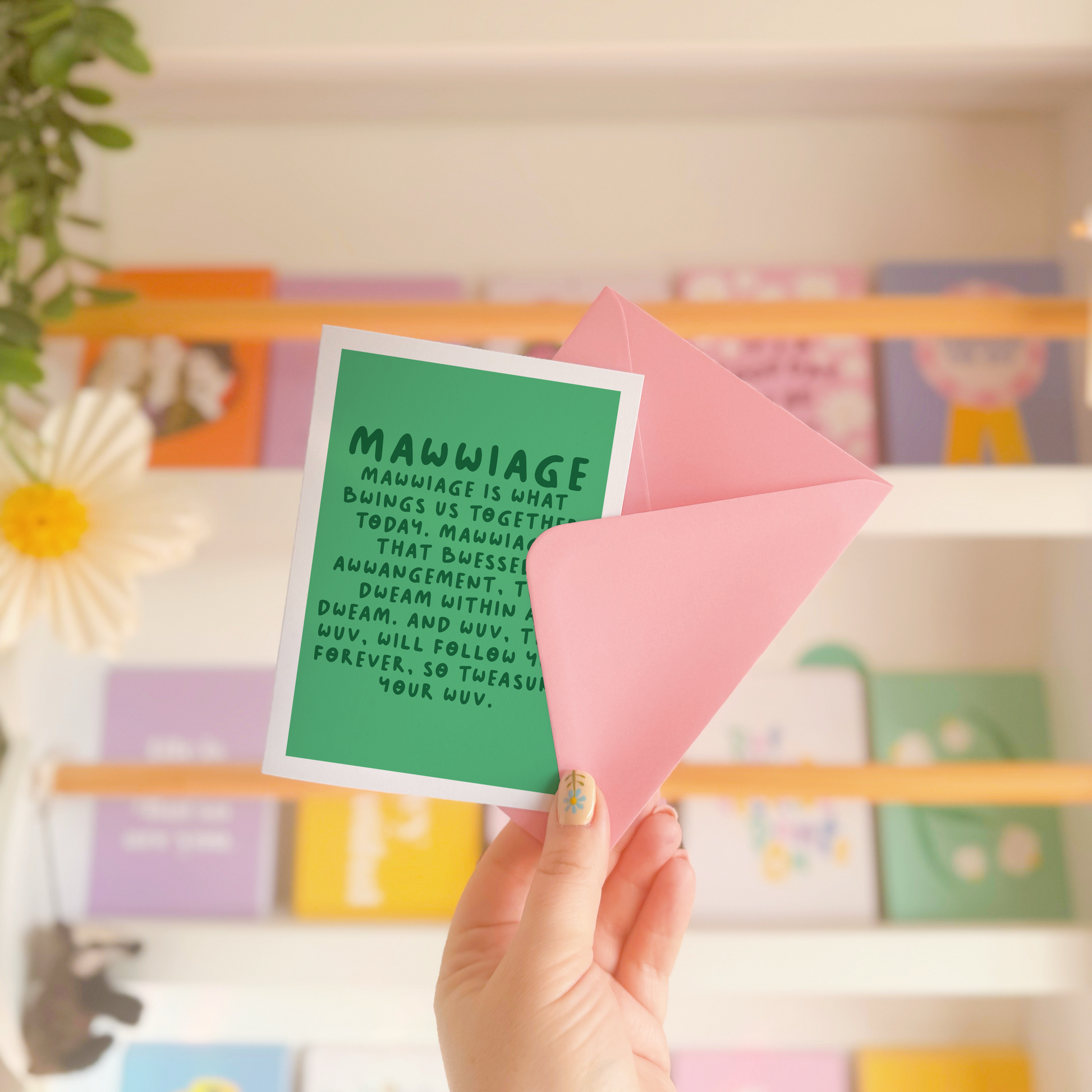 A colourful greetings card, for weddings or engagements, with a quote from the film 'The Princess Bride'.