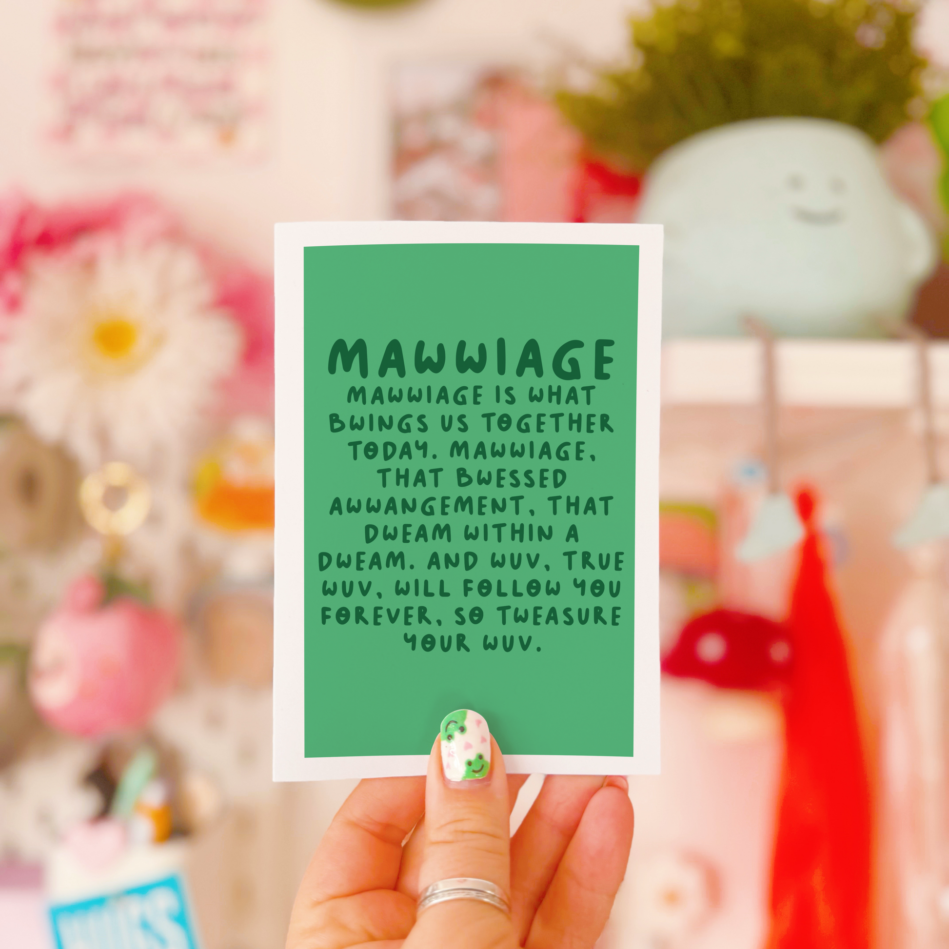 A colourful greetings card, for weddings or engagements, with a quote from the film 'The Princess Bride'.