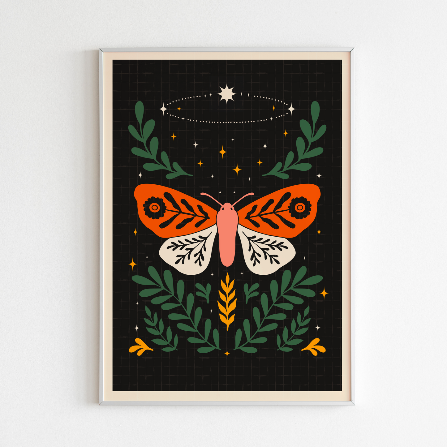 A limited edition art print featuring a moth with a butterfly-like design, surrounded by celestial stars and plants.