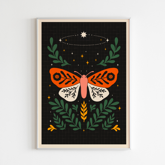 A limited edition art print featuring a moth with a butterfly-like design, surrounded by celestial stars and plants.