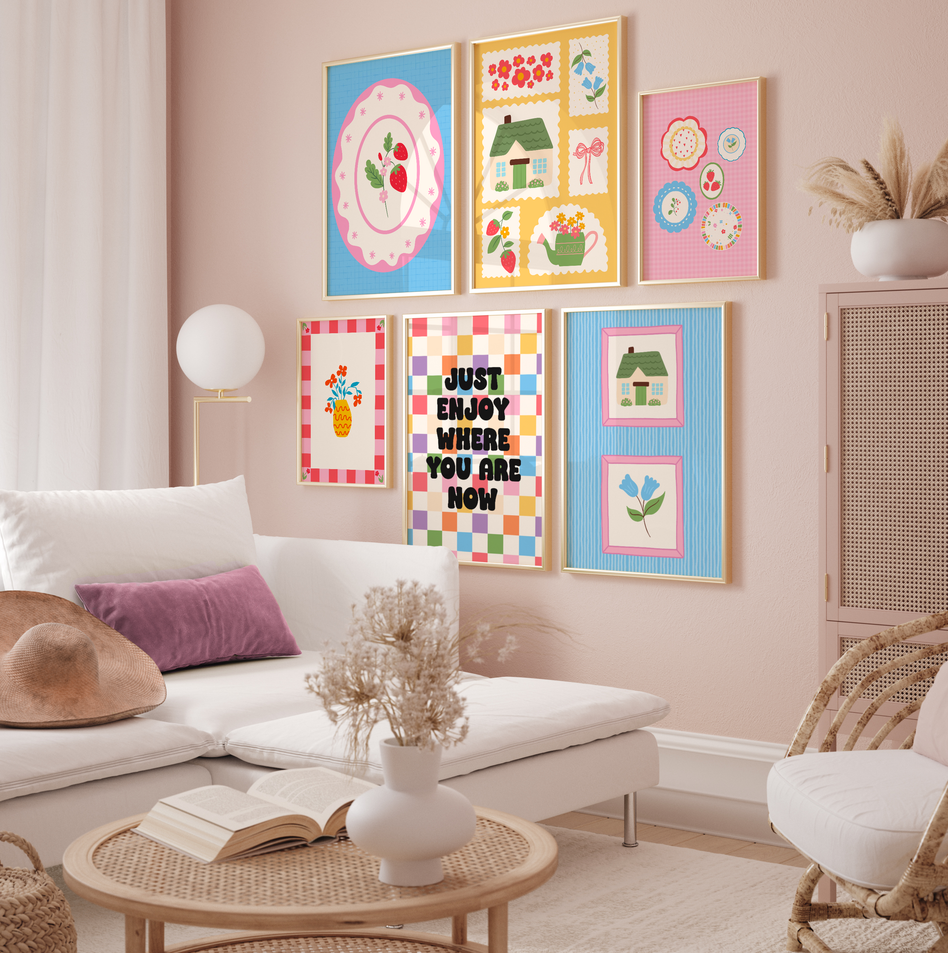 Six colourful pieces of artwork from the happy badger spring range, shown on a wall.